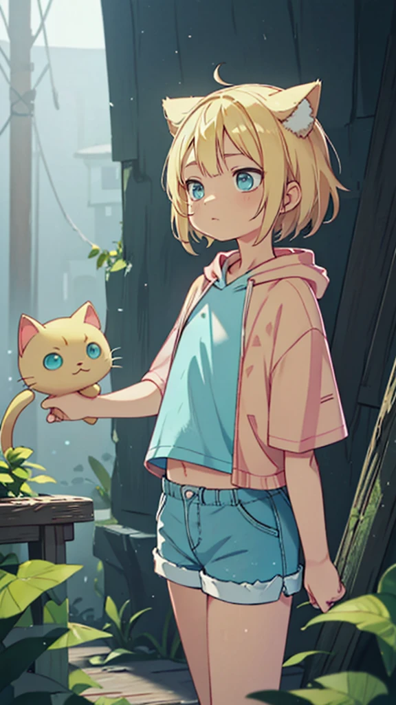 Plain pink short sleeve hoodie。Turquoise Eyes、, (Eye color is turquoise), SFW,
Blonde Hair、Short Hair、Cat ear、(Blonde :1.5),
White skin, Wooden village, (Flat Chest), Denim shorts,
outside, bright,, Plain pink short sleeve hoodie,I tried drawing a belly button in the style of Made in Abyss,
Soft lighting and detailed environments、Create immersive environments that inspire your imagination、Delivering high quality visuals, Dim lighting, Sharply focused, Octane Rendering, 8K Ultra HD