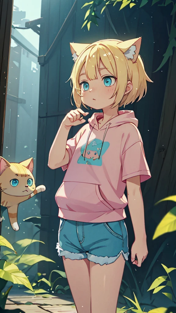 Plain pink short sleeve hoodie。Turquoise Eyes、, (Eye color is turquoise), SFW,
Blonde Hair、Short Hair、Cat ear、(Blonde :1.5),
White skin, Wooden village, (Flat Chest), Denim shorts,
outside, bright,, Plain pink short sleeve hoodie,I tried drawing a belly button in the style of Made in Abyss,
Soft lighting and detailed environments、Create immersive environments that inspire your imagination、Delivering high quality visuals, Dim lighting, Sharply focused, Octane Rendering, 8K Ultra HD