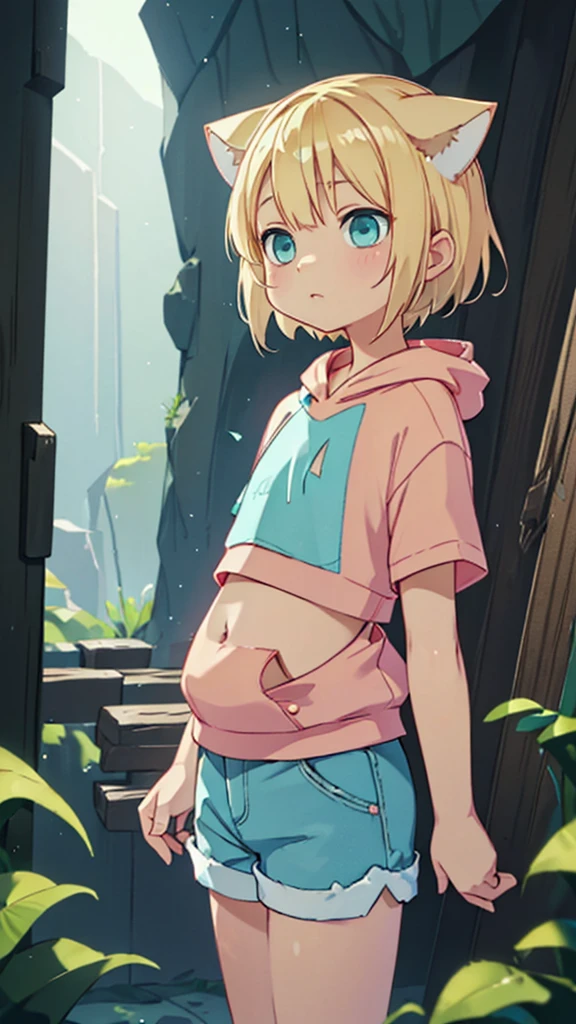 Plain pink short sleeve hoodie。Turquoise Eyes、8-year-old girl, (Eye color is turquoise), SFW,
Blonde Hair、Short Hair、Cat ear、(Blonde :1.5),
White skin, Wooden village, (Flat Chest), Denim shorts,
outside, bright,, Plain pink short sleeve hoodie,I tried drawing a belly button in the style of Made in Abyss,
Soft lighting and detailed environments、Create immersive environments that inspire your imagination、Delivering high quality visuals, Dim lighting, Sharply focused, Octane Rendering, 8K Ultra HD