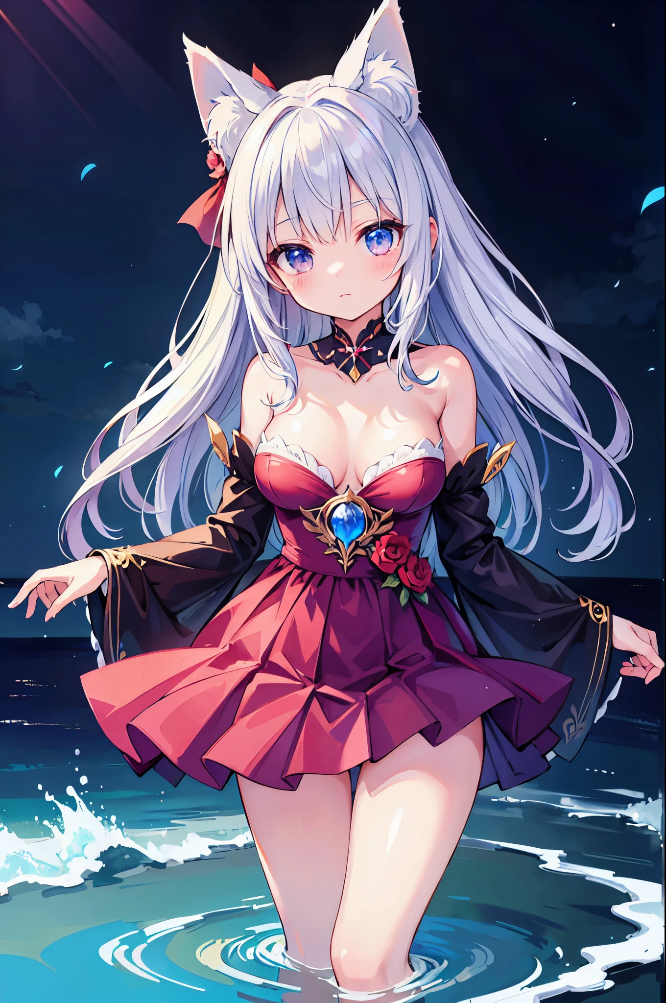 (Highest quality)、((Super detailed))、(Ultra delicate)、Cute little fox girl holding a magic bow、Silver Hair、Beautiful 、Beautiful thighs、Sexy Coes、Water Arrow