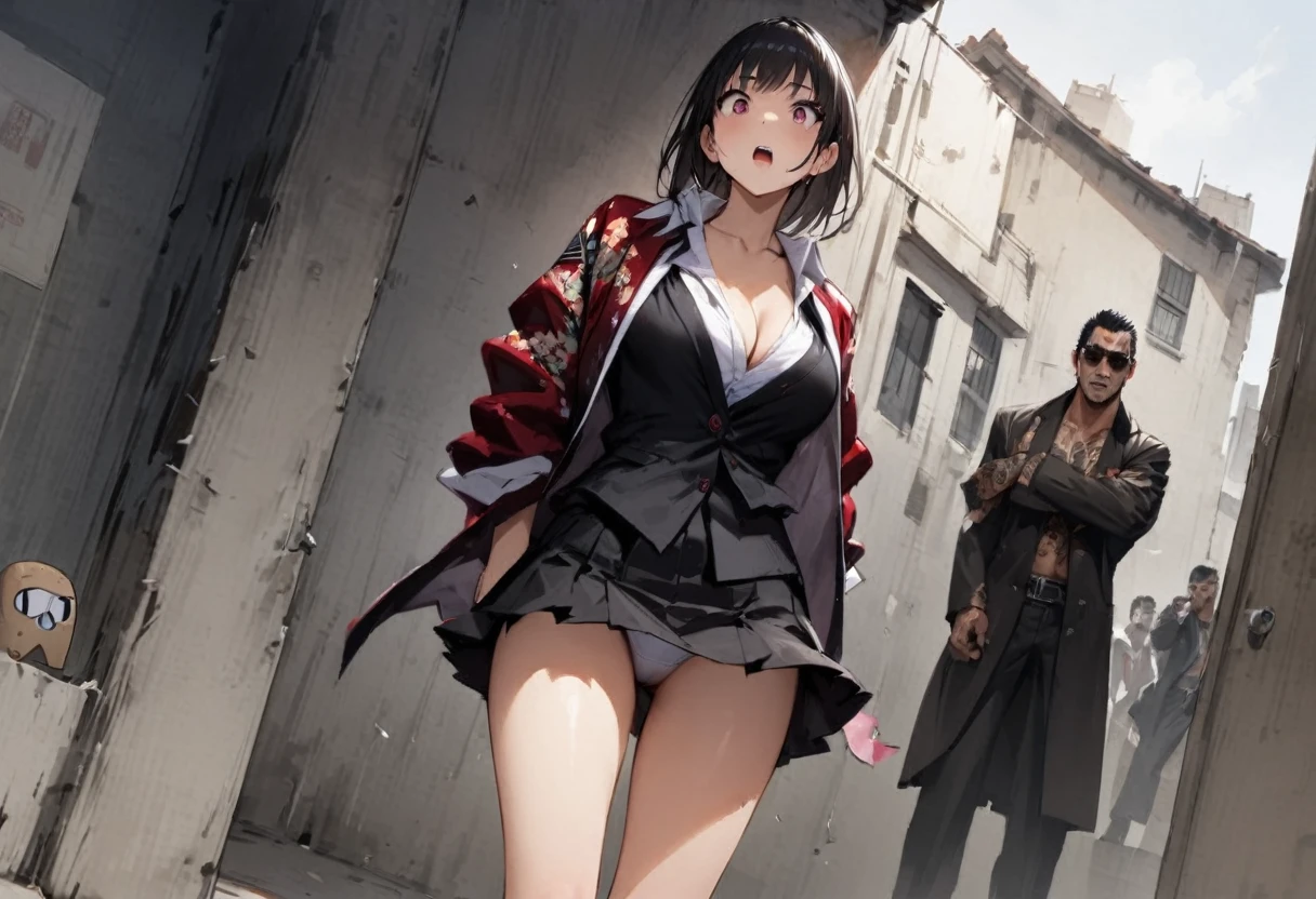 A girl is trying to escape、Girls hate it、Panty shot、Miniskirt、friend、Kidnapping、Scared、Yakuza Office、Yakuza、scared、fear、building、background、Dynamic Angle、masterpiece、best quality、ultra-detail、Japanese Mafia、Yakuza hideout、gang、Boss's Room、Thug's Room