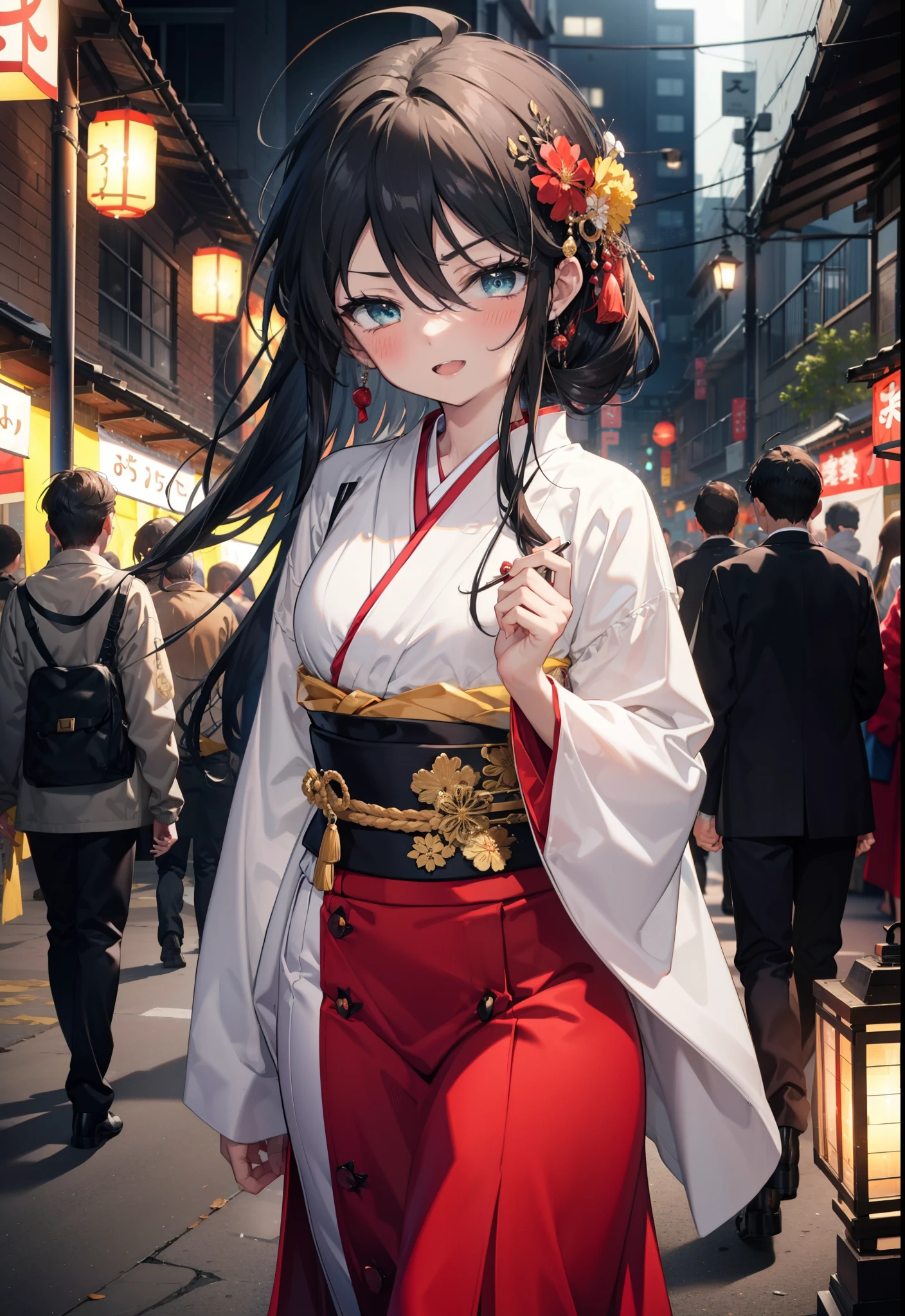 Shana,灼眼のShana,Long Hair, Red hair,Red eyes,Ahoge,smile,blush,Open your mouth,Hair tied up,blush,Red Kimono,Thick sleeves,Red long skirt,日本のfestival,夏festivalの屋台,Red lantern,So that the whole body goes into the illustration,Walking,　　　　　　　　　　　  break looking at viewer, Upper Body (Cowboy Shot:1. 5),  　　　　　　　　　　　　　　　　　　break outdoors, shrine,festival, 　　　　　　　　　　　　　break (masterpiece:1.2), Highest quality, High resolution, unity 8k wallpaper, (shape:0.8), (Beautiful and beautiful eyes:1.6), Highly detailed face, Perfect lighting, Highly detailed CG, (Perfect hands, Perfect Anatomy),