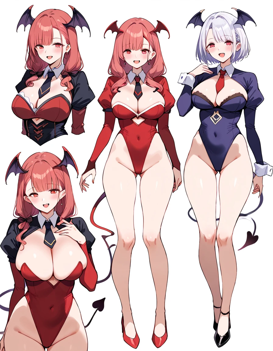 3 girls, variety of hairstyles, variety of bangs, high fantasy costume, ((white background)), full body, multiple views, succubus, thong, shrug, leotard, cleavage, tie,