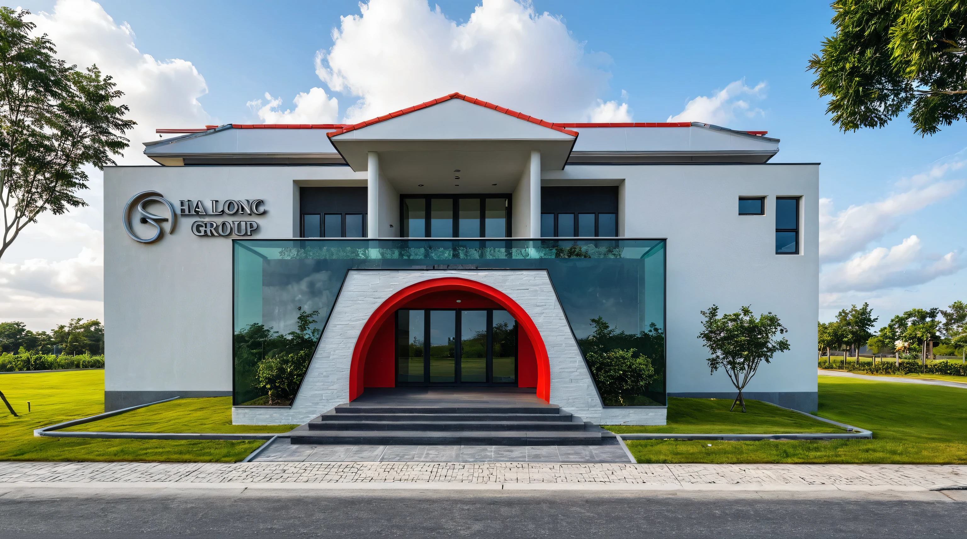 Masterpiece, high quality, best quality, authentic, super detail, outdoors, onestoreyvillaXL, aiaigroup, office style modern on the street ,stairs, red roof, glass door, white wall ,road,pavement, grass, trees, sky, cloud, (daylight:1.1)
