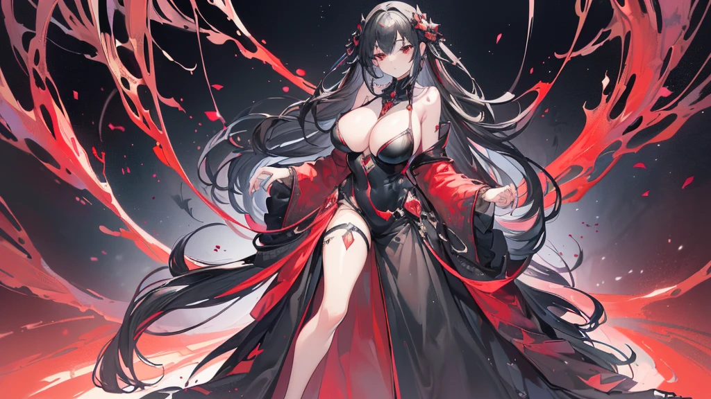 (Exquisite eyes),(Clear and beautiful eyes:1.61),masterpiece, ung girl,(Black clothes and some red gems), Black long hair, (She has a huge red gem on her chest), Good Hand,((The Havoc of StarCraft)),full-body shot,Fighting Stance,(Red Eyes:1.466),short and small,(Very big breasts:1.35),(Pretty Face),(full-body shot:1.33),Beautiful hands