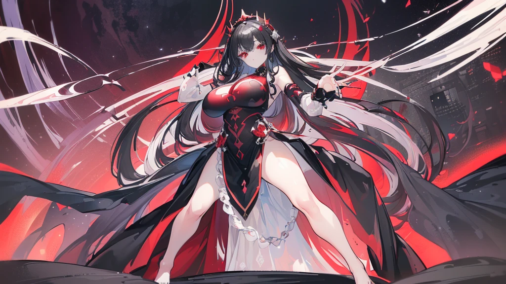 (Exquisite eyes),(Clear and beautiful eyes:1.61),masterpiece, 1 young girl,(Black clothes and some red gems), Black long hair, (She has a huge red gem on her chest), Good Hand,((The Havoc of StarCraft)),full-body shot,Fighting Stance,(Red Eyes:1.466)，short and small,(Very big breasts:1.35),(Pretty Face),(full-body shot:1.33),Beautiful hands