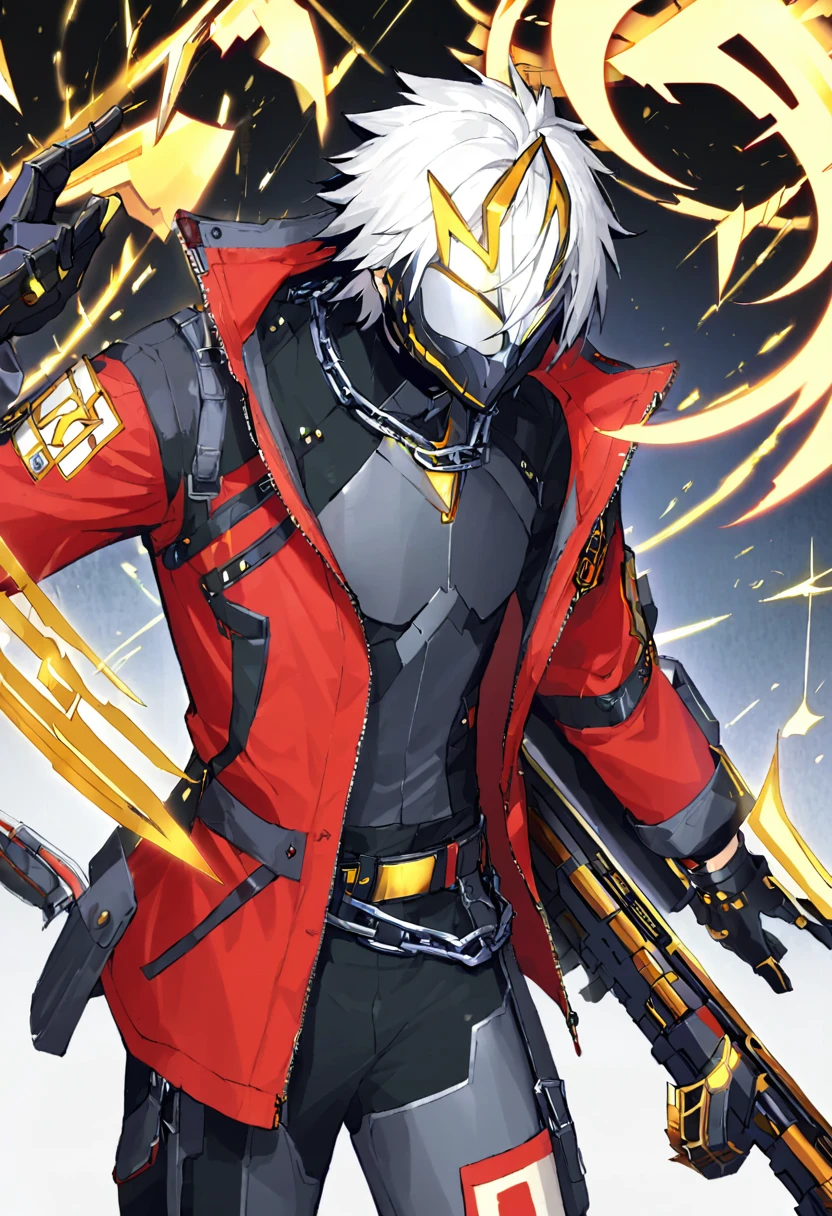 He has spiky, white hair that adds to his dynamic appearance. He wears a futuristic, black and gray mask with yellow glowing eyes, giving him a menacing and high-tech look.
Outfit: He is dressed in a red jacket with various patches and symbols, including the word "KID" on the sleeve. The jacket is partially unzipped, revealing a form-fitting, armored suit underneath. The suit features a mix of black, white, and gold elements, emphasizing both protection and style.
Accessories: He has a large belt with studs and a chain, adding to his edgy and rebellious aesthetic. He also has gloves that match his suit, enhancing his combat-ready appearance.
Weapon: He is holding a large shotgun with intricate designs, showing he is equipped for battle. The shotgun is black with some inscriptions on it, adding to its uniqueness.
