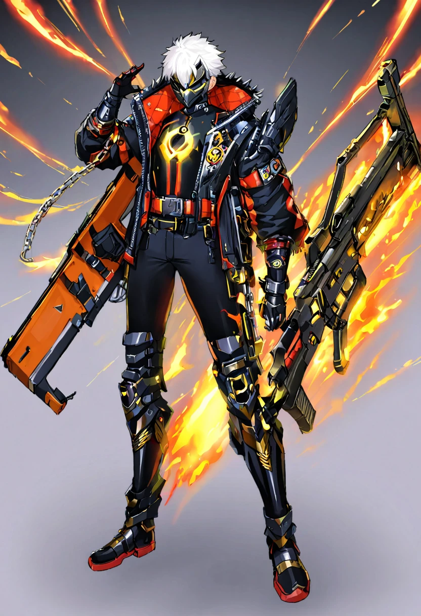 He has spiky, white hair that adds to his dynamic appearance. He wears a futuristic, black and gray mask with yellow glowing eyes, giving him a menacing and high-tech look.
Outfit: He is dressed in a red jacket with various patches and symbols, including the word "KID" on the sleeve. The jacket is partially unzipped, revealing a form-fitting, armored suit underneath. The suit features a mix of black, white, and gold elements, emphasizing both protection and style.
Accessories: He has a large belt with studs and a chain, adding to his edgy and rebellious aesthetic. He also has gloves that match his suit, enhancing his combat-ready appearance.
Weapon: He is holding a large shotgun with intricate designs, showing he is equipped for battle. The shotgun is black with some inscriptions on it, adding to its uniqueness.