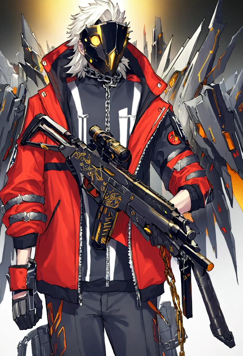 He has spiky, white hair that adds to his dynamic appearance. He wears a futuristic, black and gray mask with yellow glowing eyes, giving him a menacing and high-tech look.

Outfit: He is dressed in a red jacket with various patches and symbols, including the word "KID" on the sleeve. The jacket is partially unzipped, revealing a form-fitting, armored suit underneath. The suit features a mix of black, white, and gold elements, emphasizing both protection and style.

Accessories: He has a large belt with studs and a chain, adding to his edgy and rebellious aesthetic. He also has gloves that match his suit, enhancing his combat-ready appearance.

Weapon: He is holding a large shotgun with intricate designs, showing he is equipped for battle. The shotgun is black with some inscriptions on it, adding to its uniqueness.