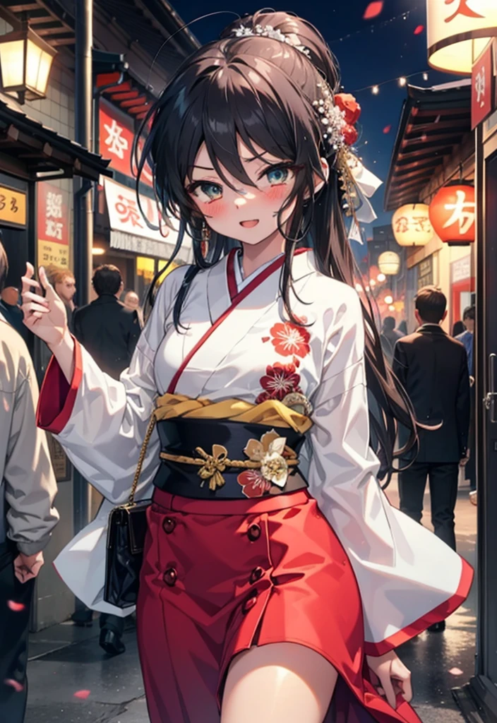 Shana,灼眼のShana,Long Hair, Red hair,Red eyes,Ahoge,smile,blush,Open your mouth,Hair tied up,blush,Red Kimono,Thick sleeves,Red long skirt,日本のfestival,夏festivalの屋台,Red lantern,So that the whole body goes into the illustration,Walking, break looking at viewer, Upper Body (Cowboy Shot:1. 5), break outdoors, shrine,festival, break (masterpiece:1.2), Highest quality, High resolution, unity 8k wallpaper, (shape:0.8), (Beautiful and beautiful eyes:1.6), Highly detailed face, Perfect lighting, Highly detailed CG, (Perfect hands, Perfect Anatomy),