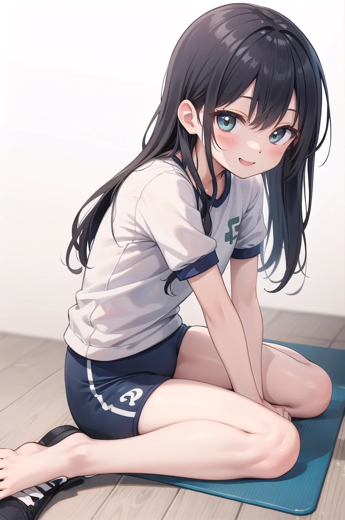 (((((whole body)))))、Youmu, Very cute gym clothes 、smile,、Cowboy Shot、Sitting on the floor、With legs apart、Both hands on the floor、Simple Background、