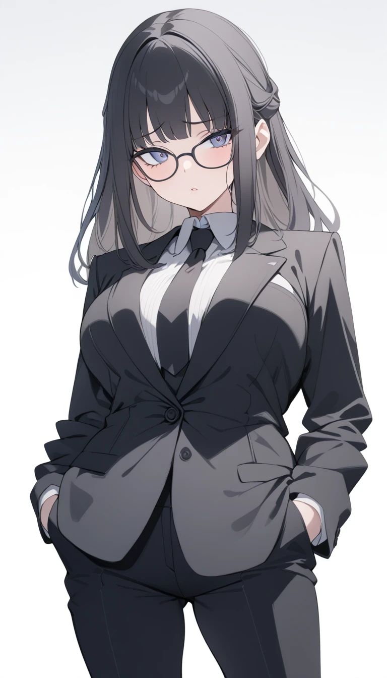 1girl, detailed portrait, full body, elegant black suit, black eyeglasses, beautiful detailed eyes, beautiful detailed lips, extremely detailed face, long eyelashes, hands in pockets, serious expression, white background, (best quality,4k,8k,highres,masterpiece:1.2),ultra-detailed, professional,vivid colors