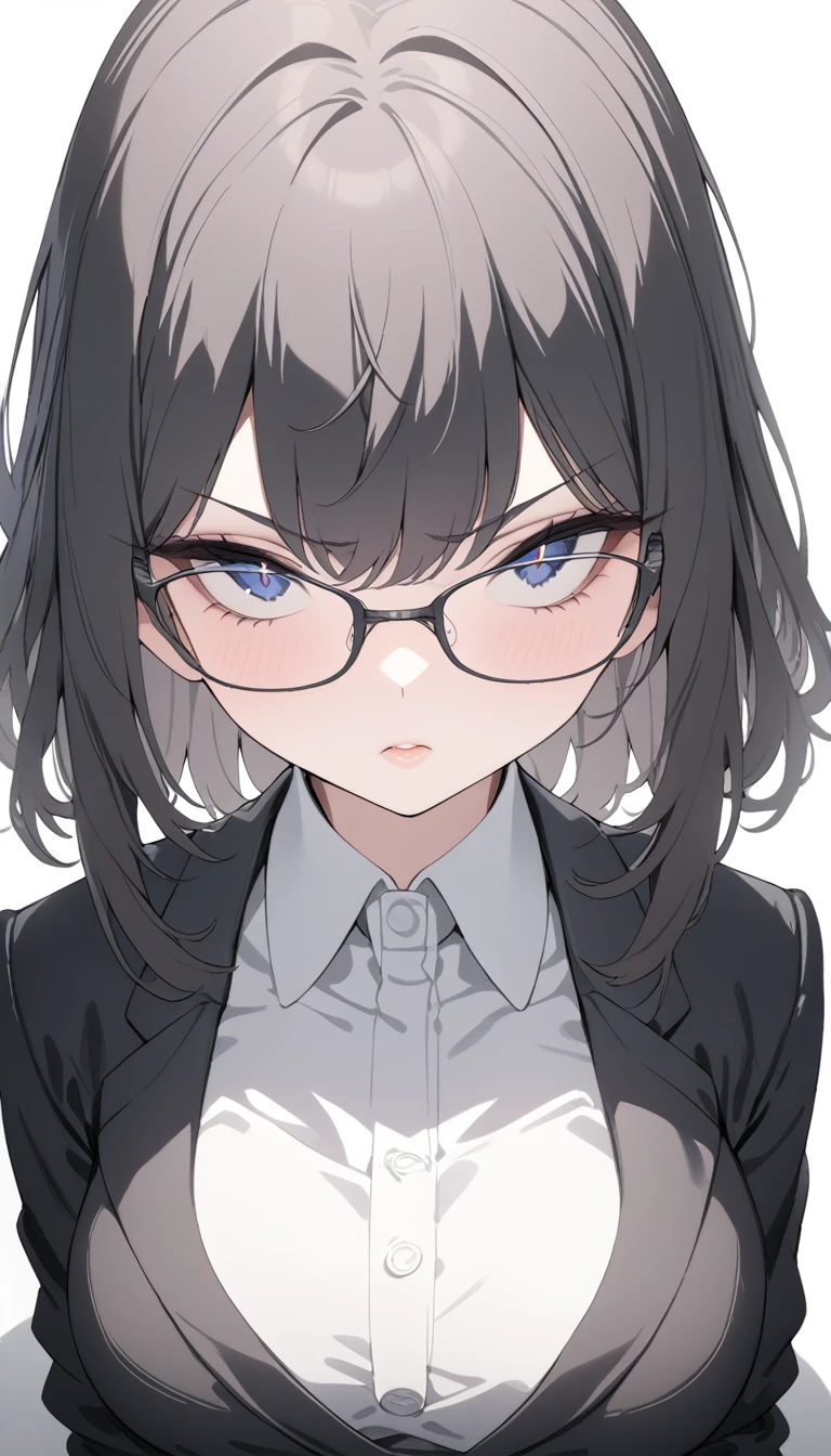 1girl, detailed portrait, full body, elegant black suit, black eyeglasses, beautiful detailed eyes, beautiful detailed lips, extremely detailed face, long eyelashes, hands in pockets, serious expression, white background, (best quality,4k,8k,highres,masterpiece:1.2),ultra-detailed, professional,vivid colors