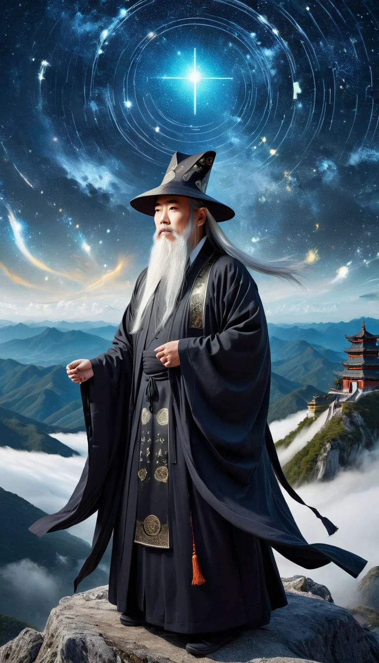 a wise old Chinese Taoist sorcerer in flowing black robe, long white beard and eyebrows, wearing a traditional scholar's hat, standing on a mountain peak gazing at the starry night sky, surrounded by glowing mystical runes and symbols, ethereal atmosphere, highly detailed, cinematic lighting, digital art, concept art, fantasy