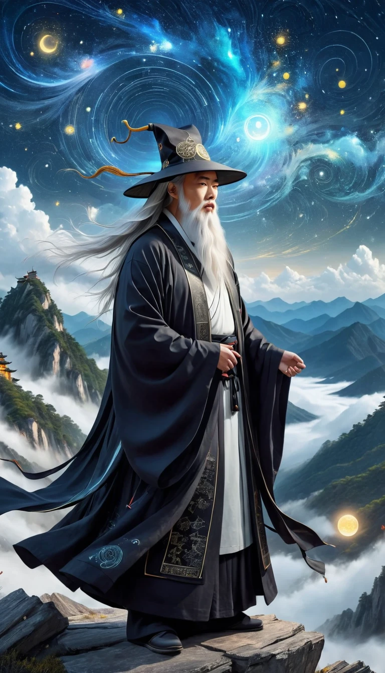 a wise old Chinese Taoist sorcerer in flowing black robe, long white beard and eyebrows, wearing a traditional scholar's hat, standing on a mountain peak gazing at the starry night sky, surrounded by glowing mystical runes and symbols, ethereal atmosphere, highly detailed, cinematic lighting, digital art, concept art, fantasy
