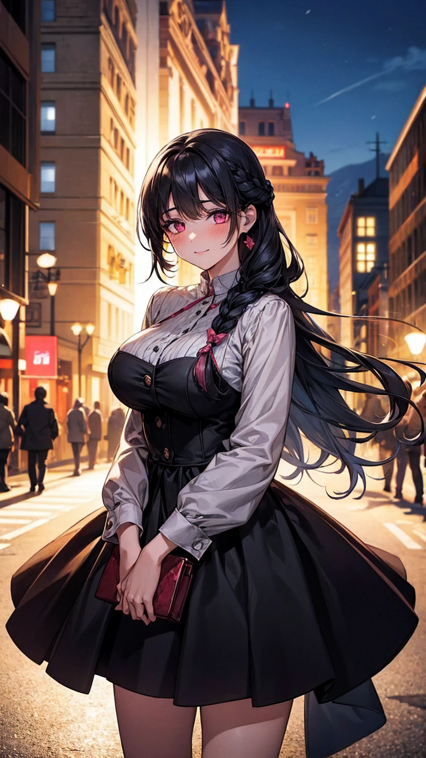 (best quality, Masterpiece), 1 girl, The sun shines, In the building, black hair, Beautiful long hair, braid, pink eyes, cute, Bright face, Good mood, big breasts, Fashionable clothes for a beautiful date, shy, Very blushing., 1 woman, young girl, (Goosebumps:0.7), Beautiful face, (shyไลเนอร์, lipstick:0.9), nighttime, street lights, fall, 4K, 8K, UHD, HDR, detailed background, background