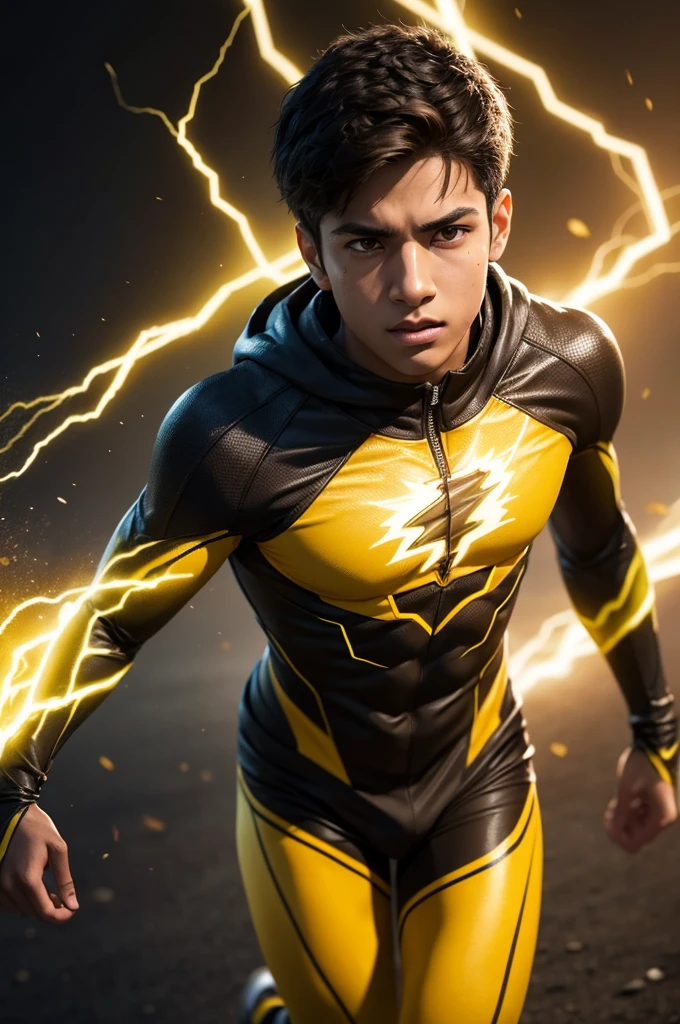 Create an image of a 17-year-old brown boy wearing the Reverse Flash costume from the series.