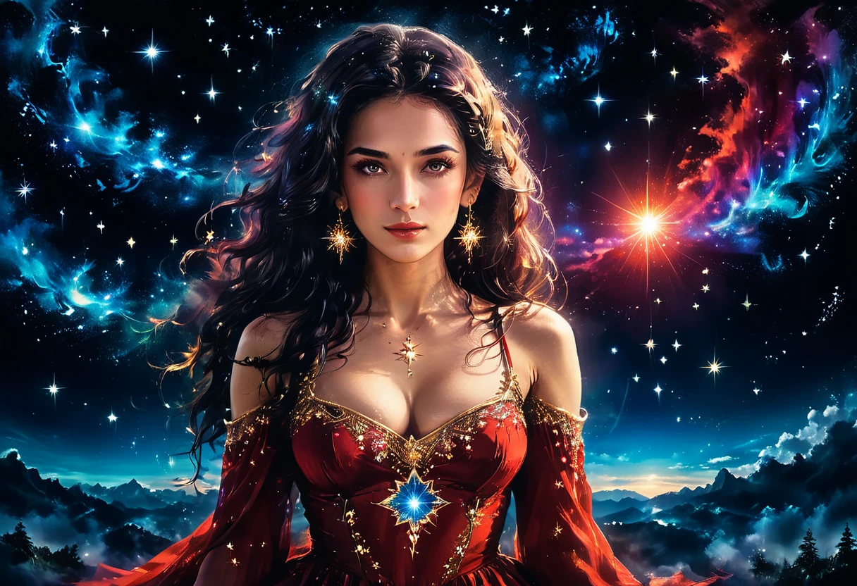 a portrait of an astrologer looking at libra constellation in the night sky, an extraordinary beautiful woman, there is magic in her eyes divining the future from the Libra constellation, dynamic hair color, dynamic hair style, wearing an intricate red dress decorated with glowing stars, she looks to the night sky seeing the ((Libra constellation in the sky: 1.3)), vibrant, Ultra-high resolution, High Contrast, (masterpiece:1.5), highest quality, Best aesthetics), best details, best quality, highres, 16k, [ultra detailed], masterpiece, best quality, (extremely detailed), Cinematic Hollywood Film, magical sky, FireMagicAI, dark novel