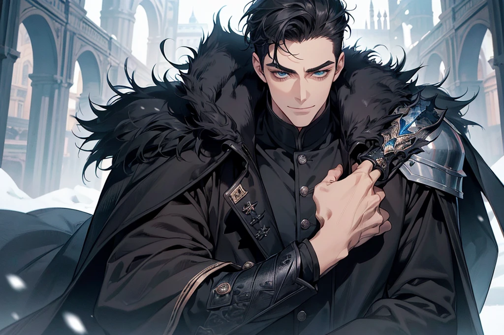 Masterpiece, Highest quality, Heavy snow, Cold Weather, realistic, 1 person, mature man, A quiet and charming young man, 30 years old, smile, gag, Portrait, Highly detailed face, 寒さとsmile, ((blue eyes)), ((black short hair)), [Thick eyebrows], dark palace, ((black long coat)), ((all black)), (blue eyes) ,Short Black Quiff Hair with Soft Fringe, handsome , muscle, Facial expressions, Black Knight Armor , black fur shawl(Masterpiece,best quality,special, (Broad shoulders)) (muscle), male focus, Hand holding a long sword,black two handed sword, His black sword rose high., Face gigantic and terrifying monsters.. Describe the man&#39;s appearance., Details of his sword, Characteristics and characteristics of monsters, and convey the tension and power of the encounter.."