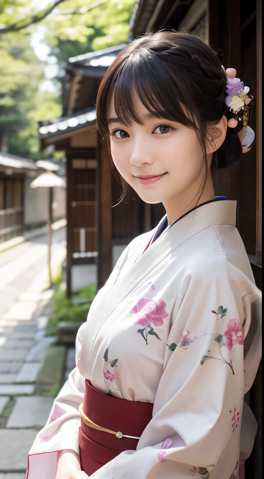 Professional Lighting,(Realistic:1.4), (Top image quality:1.0), (超High resolution:1.0), 8K, Raw photography, (masterpiece:0.2), (Dealing with the Children_v1:0.5)、(最高quality Detail:1.2)、Realistic、8K Ultra HD、High resolution、(1 Girl:1.2)、超detailedな、High quality textures、複雑なdetailed、detailed、Very detailed CG、High quality shadows、detailed 美しく繊細な顔、Beautiful details and a delicate eye、(Symmetrical eyes:1.2),Written boundary depth、Ray Tracing,1 Girl, Japanese Girls, (Natural smile:1.4),cute, thin, Portrait of a beautiful Japanese woman in a kimono, Standing elegantly on a street corner in Kyoto. Kimono with vibrant traditional patterns, Hair decorated with elegant and delicate hairpins, Gentle expression. (With the old streets of Kyoto in the background:1.4)、The soft light of a spring afternoon、Adding tranquility to the scene. Rendered in a Realistic style with great attention to detail, High resolutionの画像.Sky Porn, Magic Hour, (Realistic:1.3), finely, quality, (Tabletop:1.2), (Realistic:1.2), (最高quality), (複雑なdetailed), dramatic, Ray Tracing, photograph, +roller