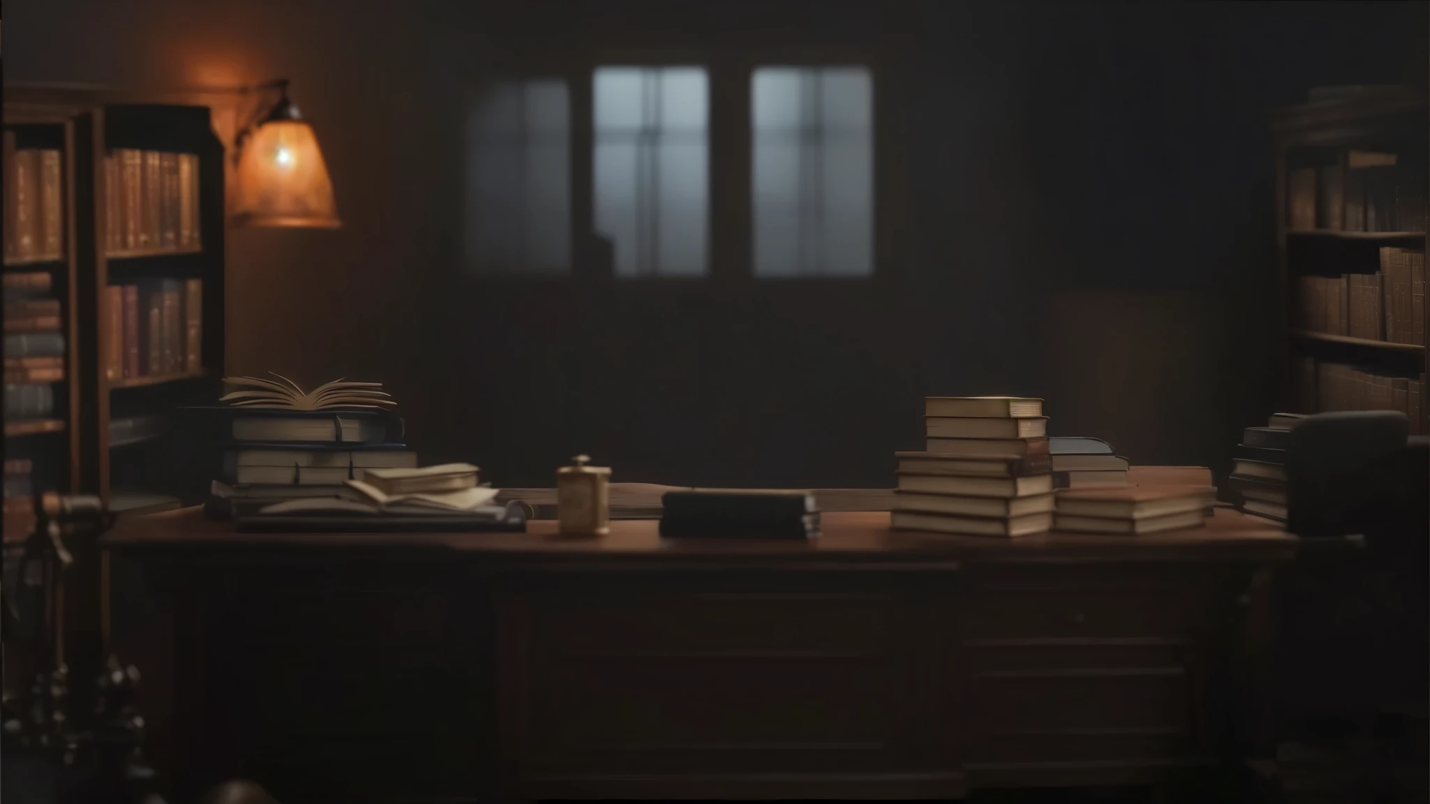 There is an office with a lot of books, dusty library, alchemist Library background, Library background, Dim library, Wooden desks with books, Personal room wallpaper, Detailed cinematic presentation, Detailed cinematic shot, Blurry background of library, Realistic cinematic presentation, in a Dim library, Dark cinematic lighting, Library interior background, Dark library, Heavy vignette!