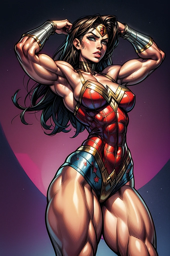 Wonder Woman, flat chest, in the style of Spider-Man, masterpiece, best quality, abstract, psychedelic, neon, (honeycomb pattern), (creative:1.3), sy3, SMM, fantasy00d, strong arms, muscular thighs, ripped muscles, six pack abs, muscle arms, muscular