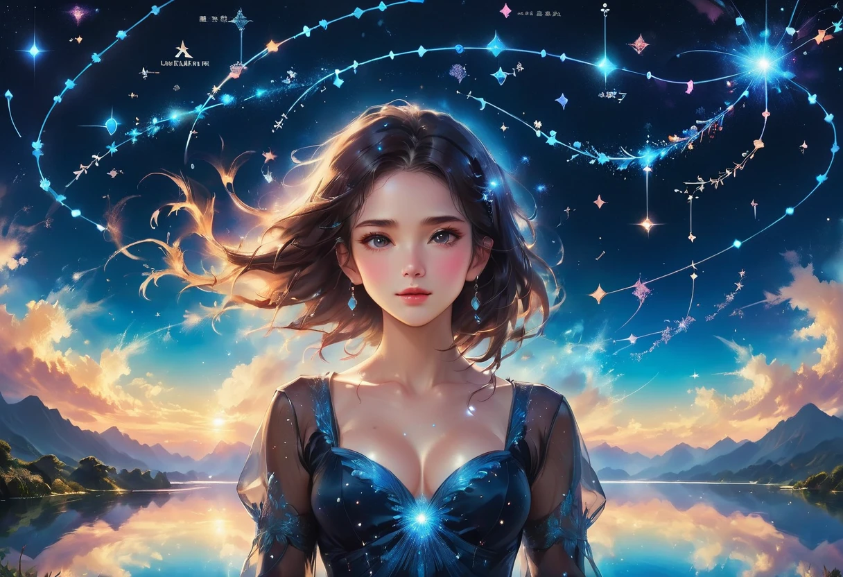 a portrait of an astrologer looking at libra constellation in the night sky, an extraordinary beautiful woman, there is magic in her eyes divining the future from the Libra constellation, dynamic hair color, dynamic hair style, wearing an intricate black dress decorated with glowing stars, she looks to the night sky seeing the ((Libra constellation in the sky: 1.5)), vibrant, Ultra-high resolution, High Contrast, (masterpiece:1.5), highest quality, Best aesthetics), best details, best quality, highres, 16k, [ultra detailed], masterpiece, best quality, (extremely detailed), Cinematic Hollywood Film, magical sky, FireMagicAI, dark novel