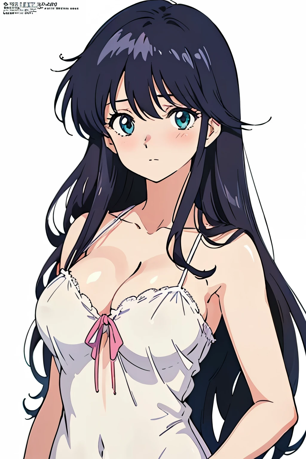 (masutepiece, Best Quality, High resolution:1.5, anime colours, megami magazine:1.2, anime poster style, anime keyvisual, sharp, 8k, photorealistic), (beautiful detailed eyes:1.5, beautiful detailed face:1.2), madoka ayukawa, 1girl, blush, (black hair, Long Hair), (sagging large breasts), cleavage, (negligee), upper body, (Perfect detailed Anatomy, beautiful detailed hair, beautiful detailed body:1.2, shiny skin), (thick outline, Beautiful outlines, black outlines), simple background