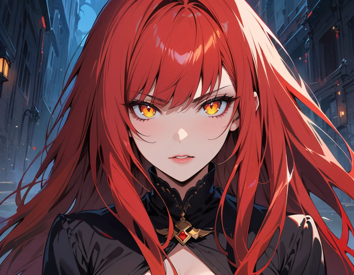 Long red hair, yellow eyes, evil, sexy, black and red clothes, cute hairstyle, evil face, evil, serious look, gloss lips, sinister, front look, bloody, gloves, close up, portrait, beautiful eyes, short dress, big white, dark place, night, sensual, straight hair cut, clear skin, evil, young 30 years girl, adult girl, solo, red, very long hair, ankle length hair, handsome older WOMAN，crimson-eyes，crimson pupils，Long red hair，Hyperresolution，accuracy，Detailed rendering，（Subtle facial image）（Image of fine hair）（topquality）（Masterpieces of masters）（High degree of completeness）（A sense of atmosphere）tmasterpiece，Super detailed and super detailed（half-body portrait)