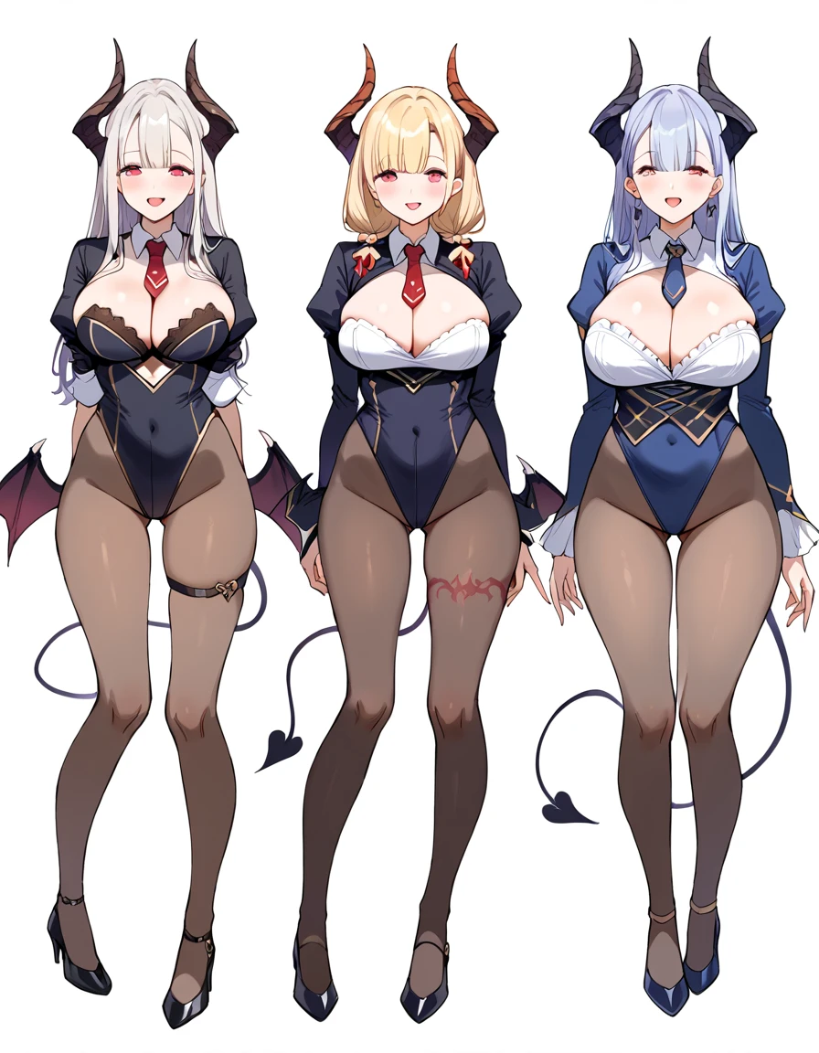 3 girls, variety of hairstyles, variety of bangs, high fantasy costume, ((white background)), full body, multiple views, succubus, thong, shrug, leotard, cleavage, tie,