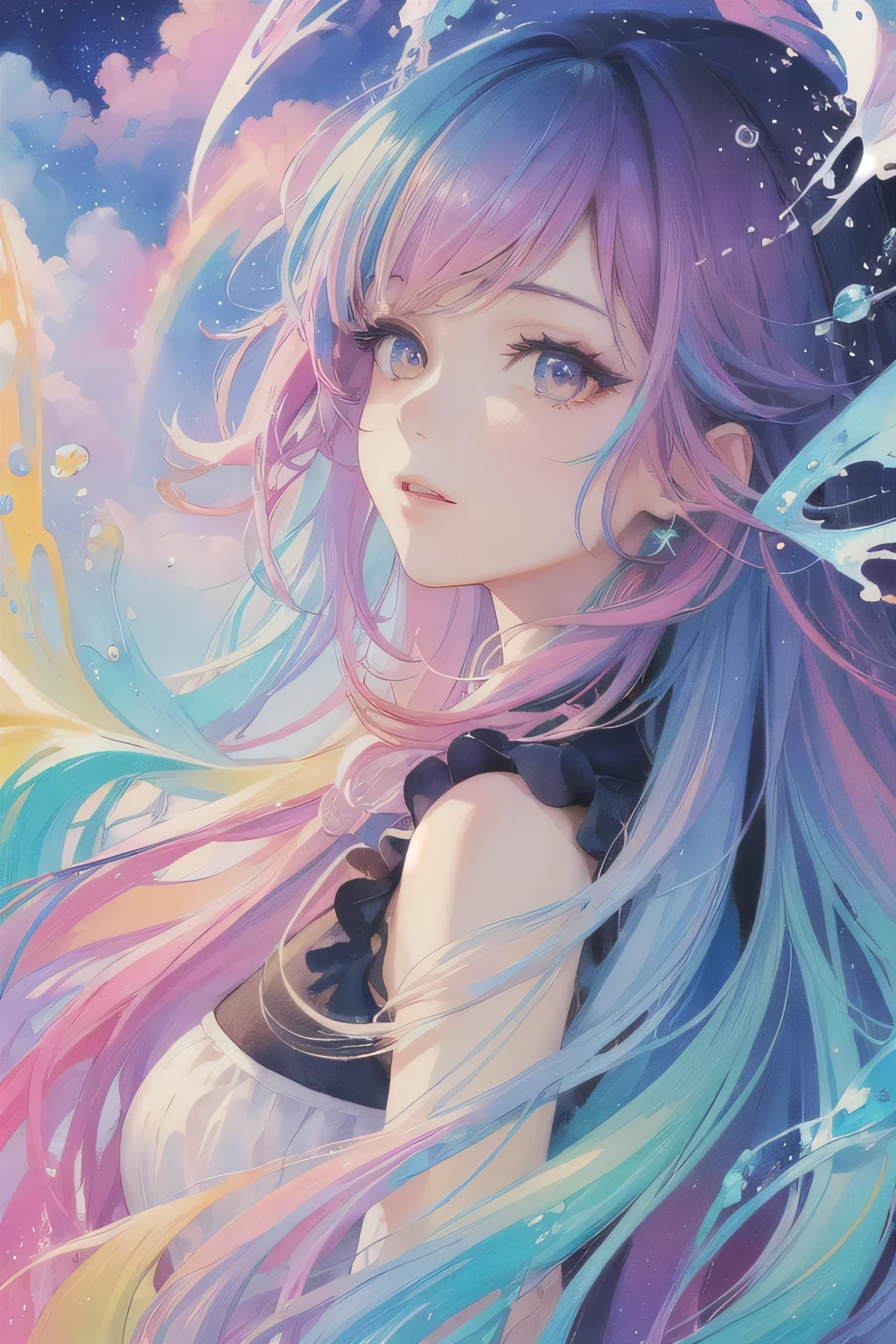 (masterpiece, Highest quality, Highest quality,watercolor (Moderate),Official Art, beautifully、aesthetic:1.2),(One girl:1.3), (Fractal Art:1.3),Upper Body, From the side, View your viewers,pattern,(Rainbow Hair,colorful hair,Half Blue、Half pink hair:1.2),water,liquid, cloud,colorful, Starry sky,performer,Large Breasts