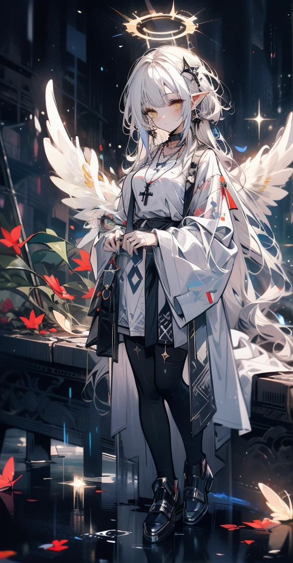 (((masterpiece))), (((best quality)))), Official Art, Extremely detailed CG unified 8k wallpaper, ((sketch))), night, rain, Beautiful and detailed sky, Milky Way,Starry sky background,Beautiful and delicate water, Game CG, Huge file size, sketch, Report, Angelic, Long gray hair, comb blond hair, Wet hair, Hair between the eyes, Hair behind the ears, Carefree eyes and white eyelashes, Yellow eyes, Half closed eyes, Footwear, Halo, Cross necklace, look down, sit, Hold long hair, Leaf hair ornaments, In the woods, Lakeside, ((Large Breasts))), ((( White Robe))), long sleeve dynamo, White eye mask, Elf ears and golden wings are more yellow