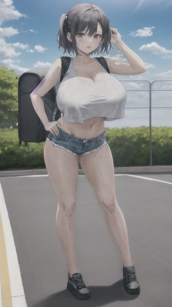 (masterpiece), (absurdres), (1girl), (huge breasts), (solo), ;p, teasing, leaning forward, crop top overhang, micro denim shorts, sidewalk, backpack, short hair, one side up, hair tie, hand on hip, collarbone, skinny, blue sky, cloudy sky, full body,