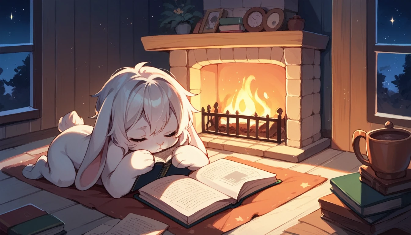 Outside at night, starry sky, in front of the fireplace inside the house, cute rabbit reading a picture book, relaxed atmosphere, sleepy, not human