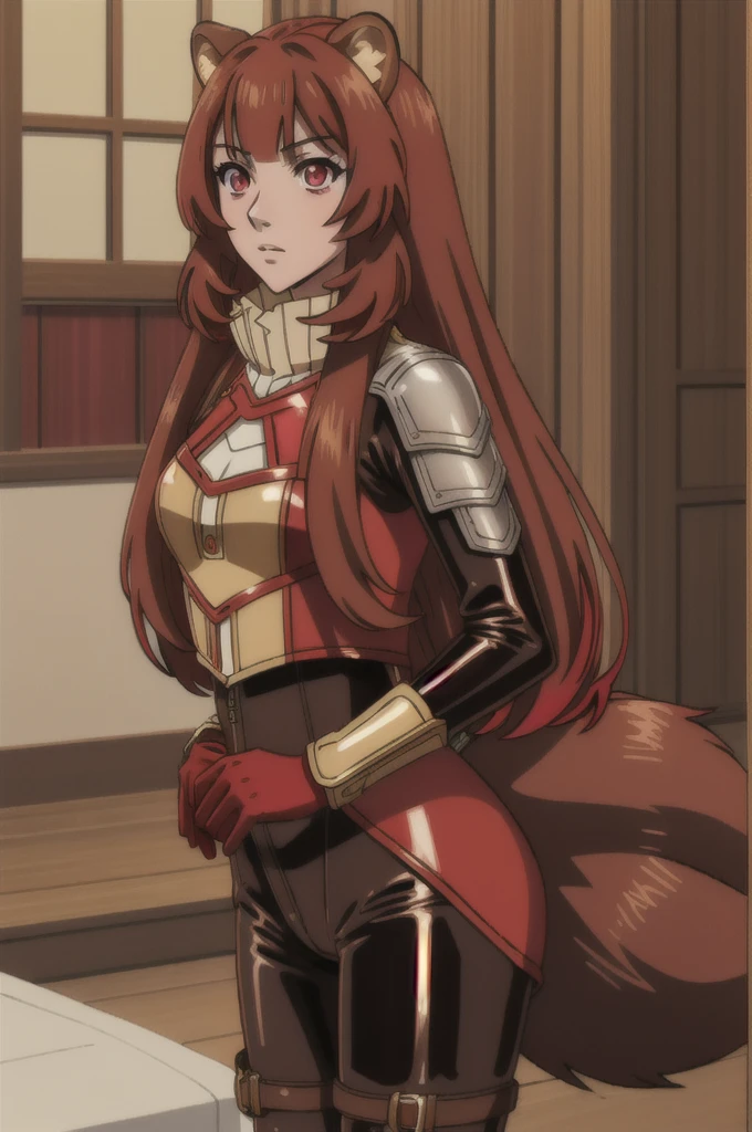 (masterpiece, best quality),  intricate details,
1girl,  raphtalia, animal ears, brown hair, long hair, raccoon ears, raccoon girl, raccoon tail, (red eyes:1.5), tail, 
 latex bikesuit,