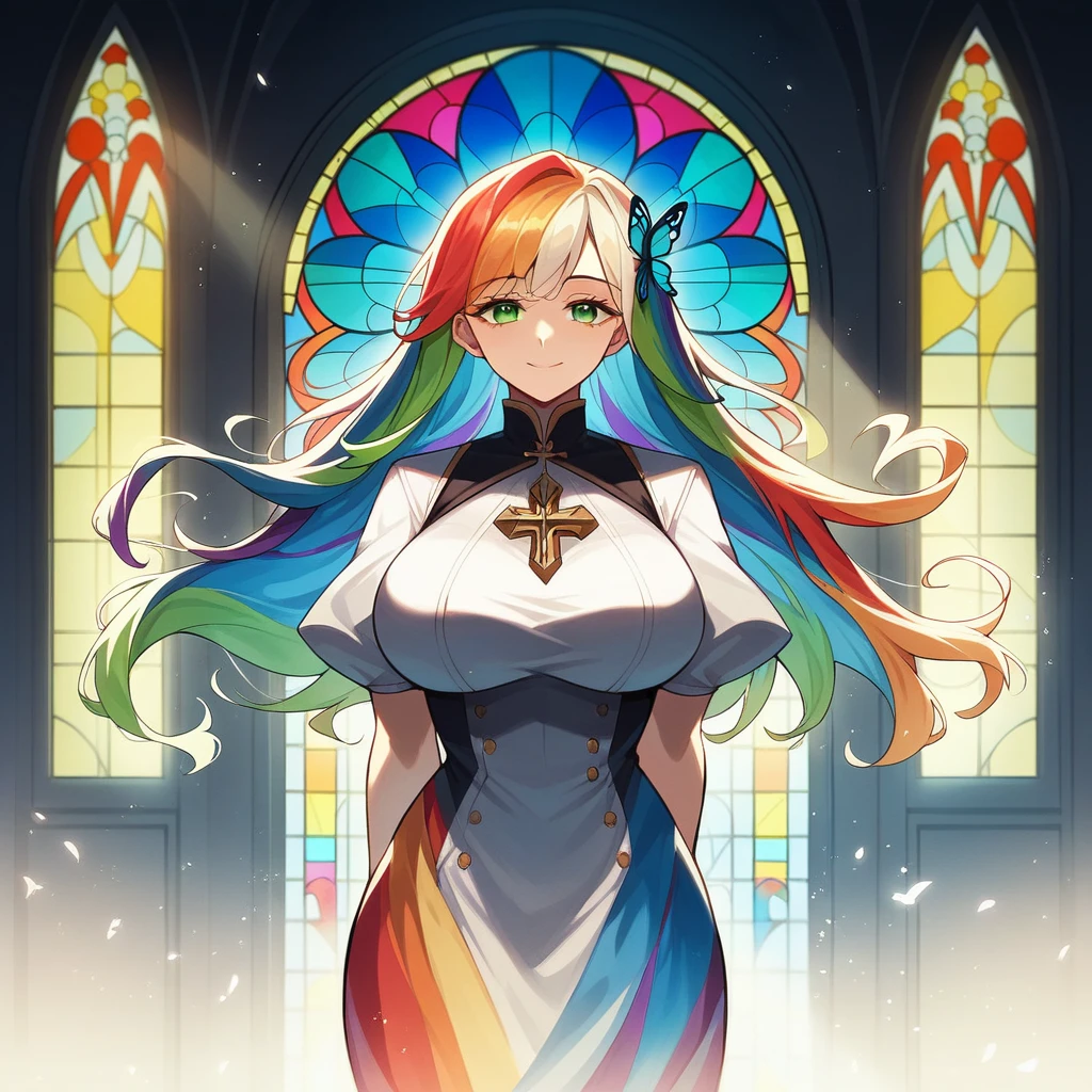 1girl, masterpiece, extremly detailed, ((Cinematic lighting)), (glowing), ((dramatic lighting)), ((beautiful detailed glow)), intricate detail, lens flare, multicolored hair, rainbow hair, long hair, multicolored dress, butterfly hair ornament, butterflies, (light particles), Arms behind back, large breasts, [curvy], cowboy shot, light smile, green eyes, church, stained glass, spotlight, dark background, floating hair, floating hair, looking at viewer,((colorful))
