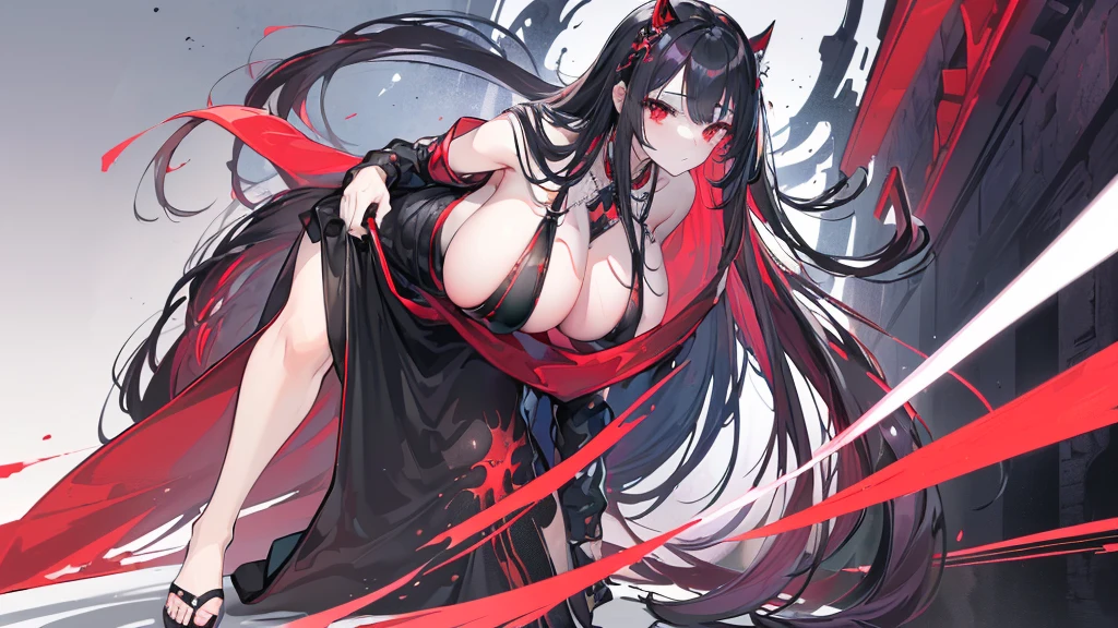 (Exquisite eyes),(Clear and beautiful eyes:1.61),masterpiece, ung girl,(Black clothes and some red gems), Black long hair, (She has a huge red gem on her chest), Good Hand,((The Havoc of StarCraft)),full-body shot,Fighting Stance,(Red Eyes:1.466),short and small,(Very big breasts:1.35),(Pretty Face),(full-body shot:1.33),Beautiful hands