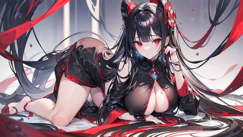 (Exquisite eyes),(Clear and beautiful eyes:1.61),masterpiece, 1 young girl,(Black clothes and some red gems), Black long hair, (She has a huge red gem on her chest), Good Hand,((The Havoc of StarCraft)),full-body shot,Fighting Stance,(Red Eyes:1.466)，short and small,(Very big breasts:1.35),(Pretty Face),(full-body shot:1.33),Beautiful hands