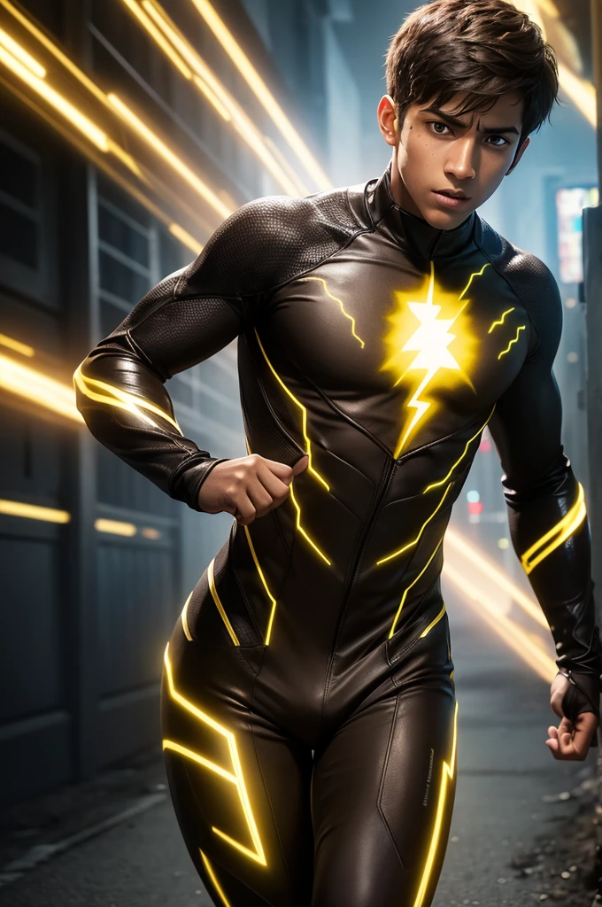 Create an image of a 17-year-old brown boy wearing the Reverse Flash costume from the series.