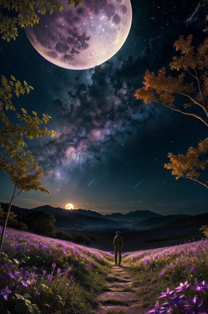 expansive landscape photograph , (a view from below that shows sky above and open field below), a boy standing on flower field looking up, (full moon:1.2), ( shooting stars:0.9), (nebula:1.3), distant mountain, tree BREAK production art, (warm light source:1.2), (Firefly:1.2), lamp, lot of purple and orange, intricate details, volumetric lighting BREAK (masterpiece:1.2), (best quality), 4k, ultra-detailed, (dynamic composition:1.4), highly detailed, colorful details,( iridescent colors:1.2), (glowing lighting, atmospheric lighting), dreamy, magical, (solo: