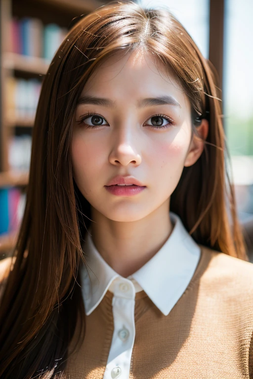 Highest quality, Soft Light, Ultra-high resolution, (Realistic:1.4), RAW Photos, One person, cute, Annoyed, (brownの目, Light in your eyes), Beautiful face in every detail,,(High resolution detail of human skin texture), (brown、Long Hair), sexy、Front of face、
collared shirt、Library