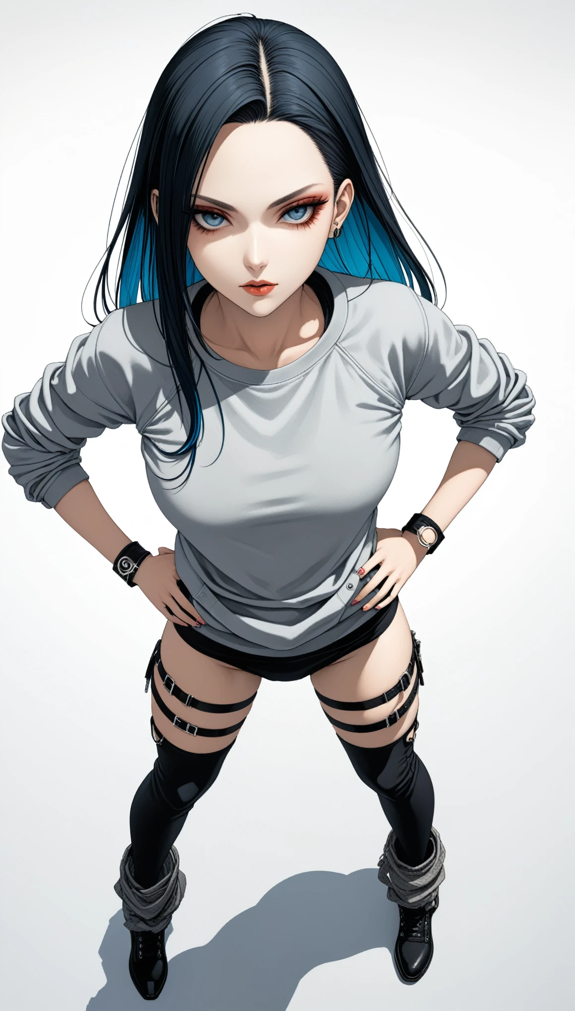 in style of Santiago Caruso,
1girl,fullbody ,stand,long straight black hair,gray sweatshirt,heart ring thigh_strap,oversize leg warmers,(hands_on_hips:1.5),(dynamic action,wide angle,from_above:1.6),white background,dynamic action,blue colored inner hair,
