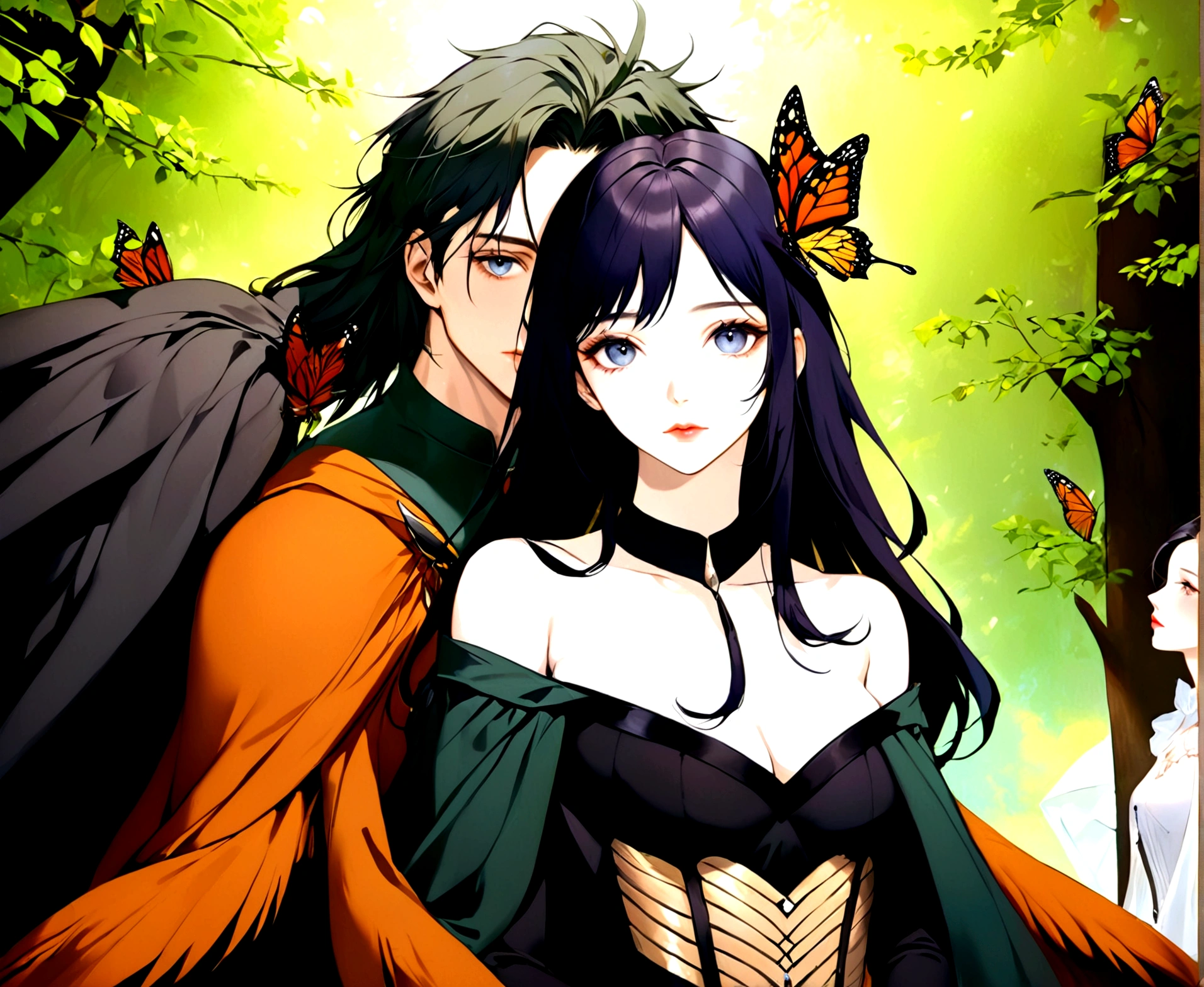 a beautiful couple, a man and a woman, monarch butterflies, detailed realistic portrait, beautiful detailed eyes, beautiful detailed lips, extremely detailed face and skin, long eyelashes, elegant formal dress, romantic soft lighting, warm color tones, cinematic composition, photorealistic, 8k, high resolution, masterpiece, digital art