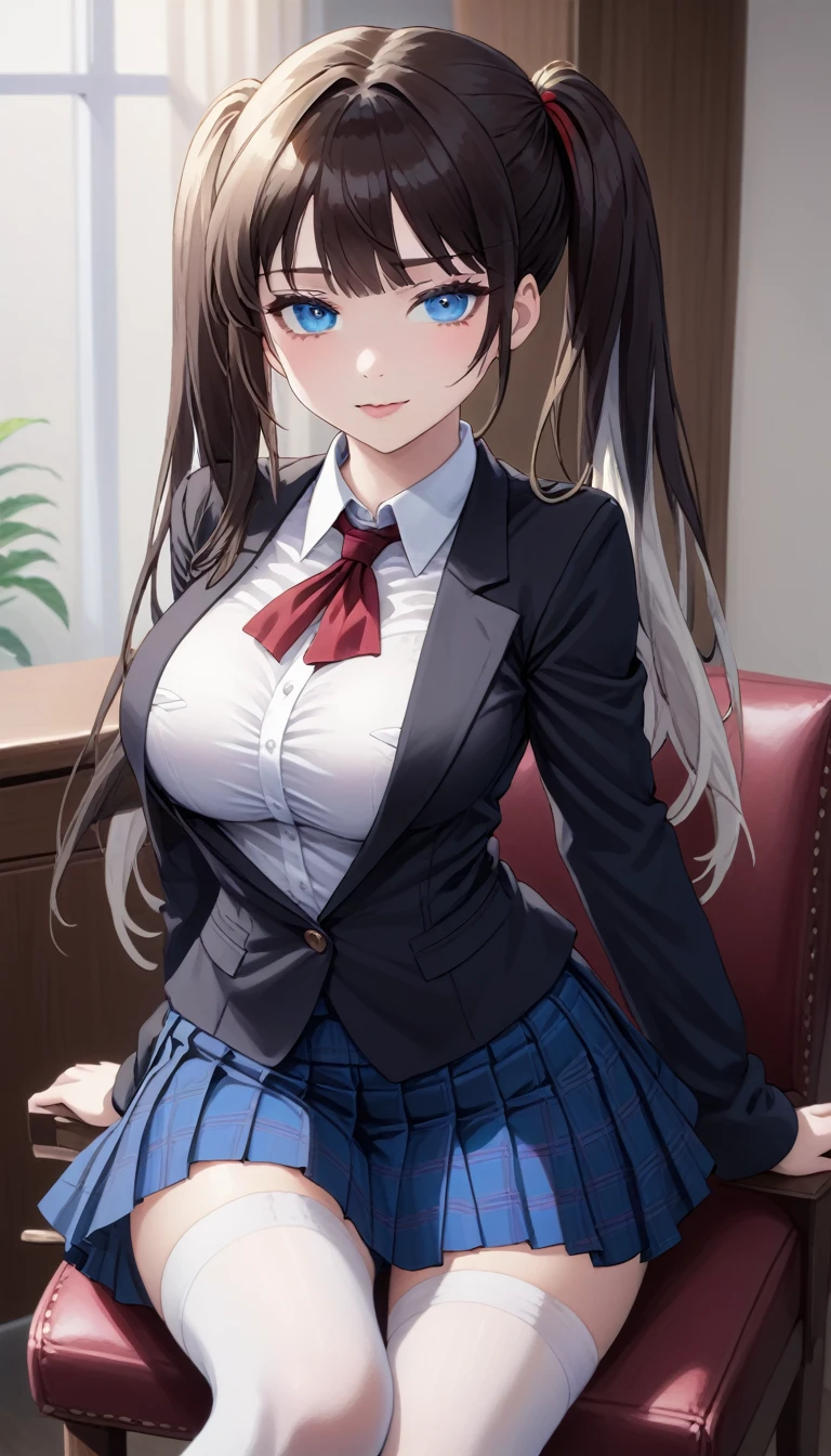 1girl, solo, full length, long hair, twintails, large breasts, looking at viewer, legs, hand, bangs, smile, parted lips, heterochromia, red eyes, blue eyes, sitting, arrogant smile, legs, stockings, indoors, on the chair, black blazer, white shirt, classic shirt, shirt under blazer, blue skirt, short skirt, pleated skirt,  white stockings, shoulders, right hand up to mouth, crossing legs, large breasts, low twintails, best quality, detailed, 