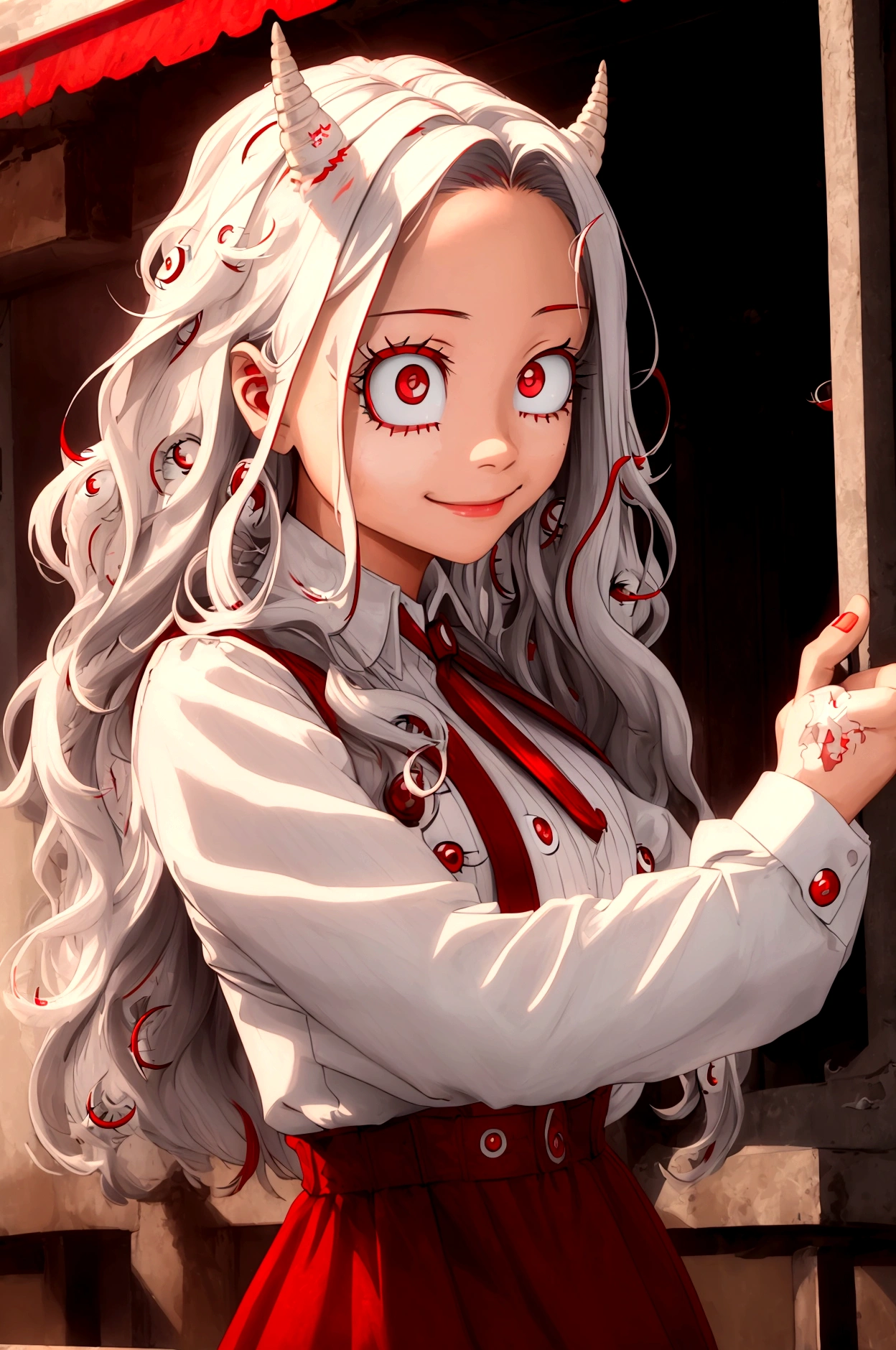 (masterpiece:1.2), (photorealistic:1.2), (best quality),((realistic:1.3)), (detailed skin:1.3), (intricate details), dramatic, ray tracing,finely detailed, quality,realistic lighting,huge breasts,1girl,eri, long hair, (red eyes:1.5), grey hair, horns, , single horn,shirt, long sleeves, dress, white shirt, collared shirt, red dress, pleated dress,cowboy shot,smile,looking at viewer,(outdoors,dynamic pose) 