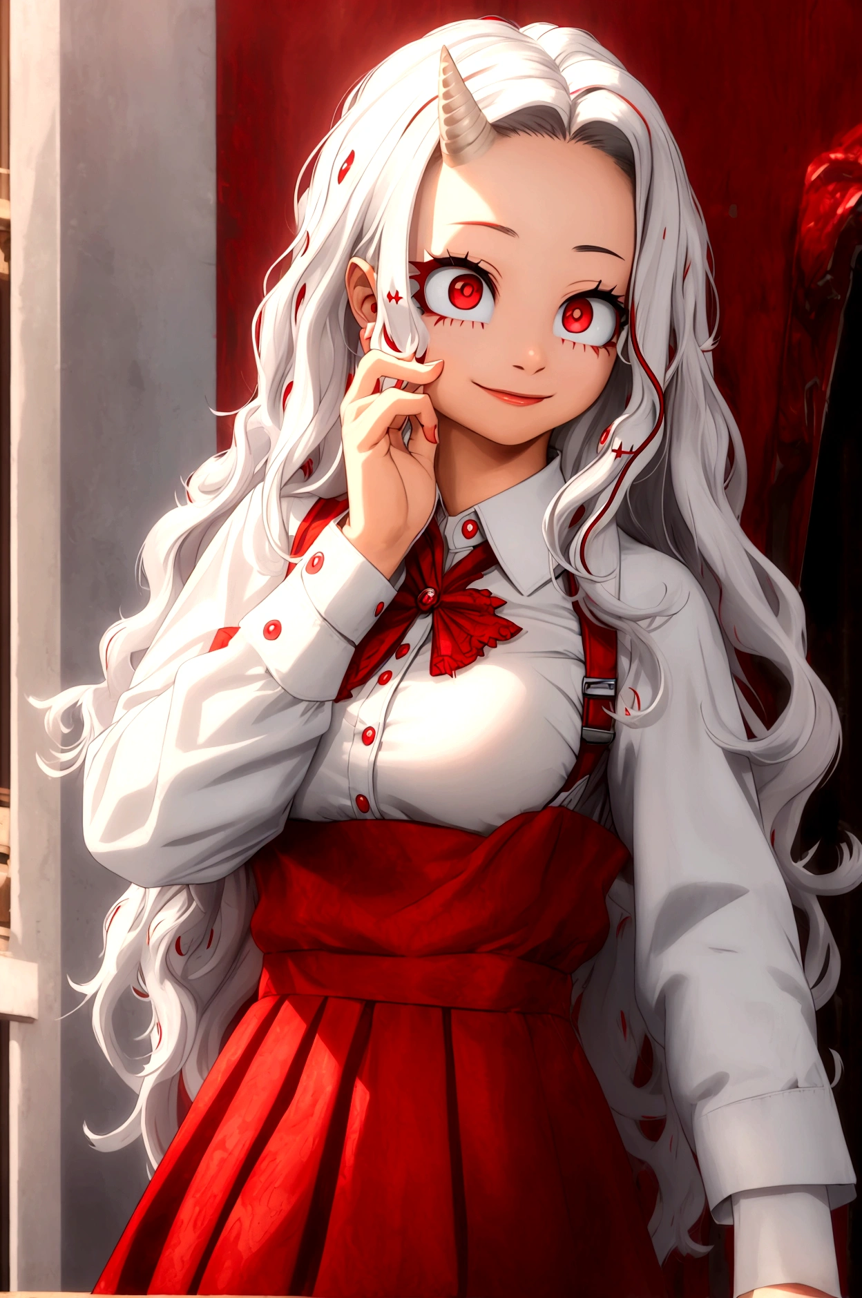 (masterpiece:1.2), (photorealistic:1.2), (best quality),((realistic:1.3)), (detailed skin:1.3), (intricate details), dramatic, ray tracing,finely detailed, quality,realistic lighting,huge breasts,1girl,eri, long hair, (red eyes:1.5), grey hair, horns, , single horn,shirt, long sleeves, dress, white shirt, collared shirt, red dress, pleated dress,cowboy shot,smile,looking at viewer,(outdoors,dynamic pose)