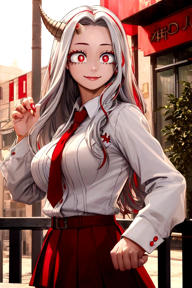 (masterpiece:1.2), (photorealistic:1.2), (best quality),((realistic:1.3)), (detailed skin:1.3), (intricate details), dramatic, ray tracing,finely detailed, quality,realistic lighting,huge breasts,1girl,eri, long hair, (red eyes:1.5), grey hair, horns, , single horn,shirt, long sleeves, dress, white shirt, collared shirt, red dress, pleated dress,cowboy shot,smile,looking at viewer,(outdoors,dynamic pose)