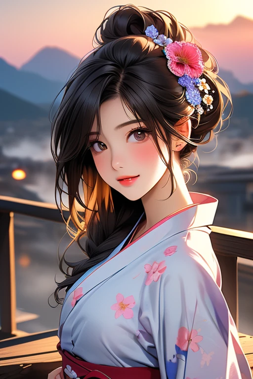 masterpiece, Best Quality, Illustration, Ultra-detailed, finely detail, hight resolution, 8K Wallpaper, Perfect dynamic composition, Beautiful detailed eyes , Sexy face,Face feeling ecstasy,Face at the peak of sexual arousal, looking at viewer, ((beautiful night view background)), 、((Angle from the front:1.7))、 (smile),(In a floral yukata:1.5)((Hairstyle with all hair up:1.6)) (late hair),(perfect fingers)(In the mist,)((Angle from the waist up:1.2)((Close your eyes a little:1.2))