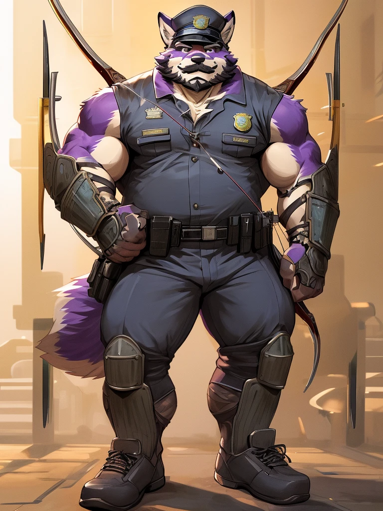 a drawing of a man in a uniform holding a hunting bow, detailed full body, (((archery armor, military hat, police man, black color outfit, military shoes, police cap))), beautiful full body, full uniform, an anthropomorphic fox, moustache, mature, daddy, furry character, anthropomorphic furry art, anthro concept art, commission for high res, fursona commission, fullbody commission for, purple fur fox, (((hunting bow))), (((purple fur))), muscular, bulking, tall,  archer, beard, ((fox)), furry art, hold a ((scifi bow)), (muscular), (big body), (beard),