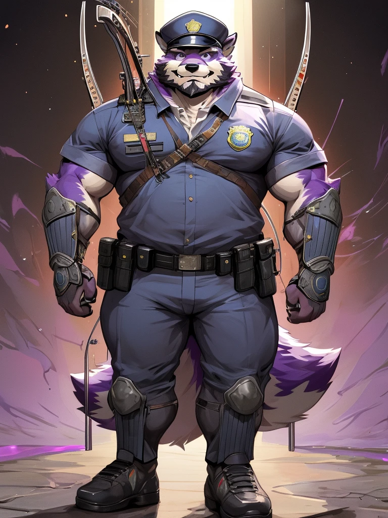 a drawing of a man in a uniform holding a hunting bow, detailed full body, (((archery armor, military hat, police man, black color outfit, military shoes, police cap))), beautiful full body, full uniform, an anthropomorphic fox, moustache, mature, daddy, furry character, anthropomorphic furry art, anthro concept art, commission for high res, fursona commission, fullbody commission for, purple fur fox, (((hunting bow))), (((purple fur))), muscular, bulking, tall, archer, beard, ((fox)), furry art, hold a ((scifi bow)), (muscular), (big body), (beard),